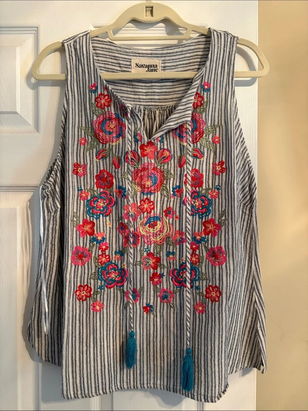 Savanna Jane Blue and White Striped Tank with Pink & Teal Floral Embroidery - Picture 1 of 3